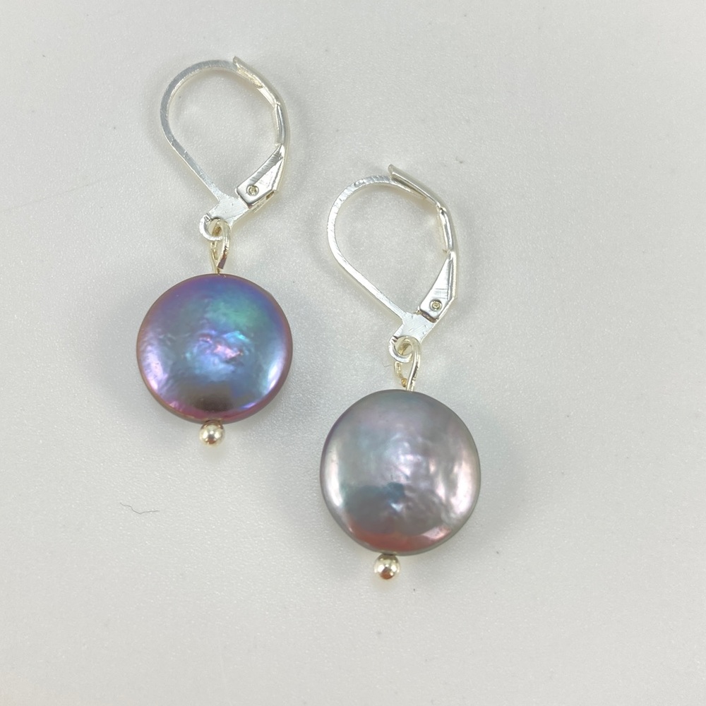 Coin Pearl Earrings, Handmade, Gray Fresh Water Pearls, Dainty, 1 1/4" L